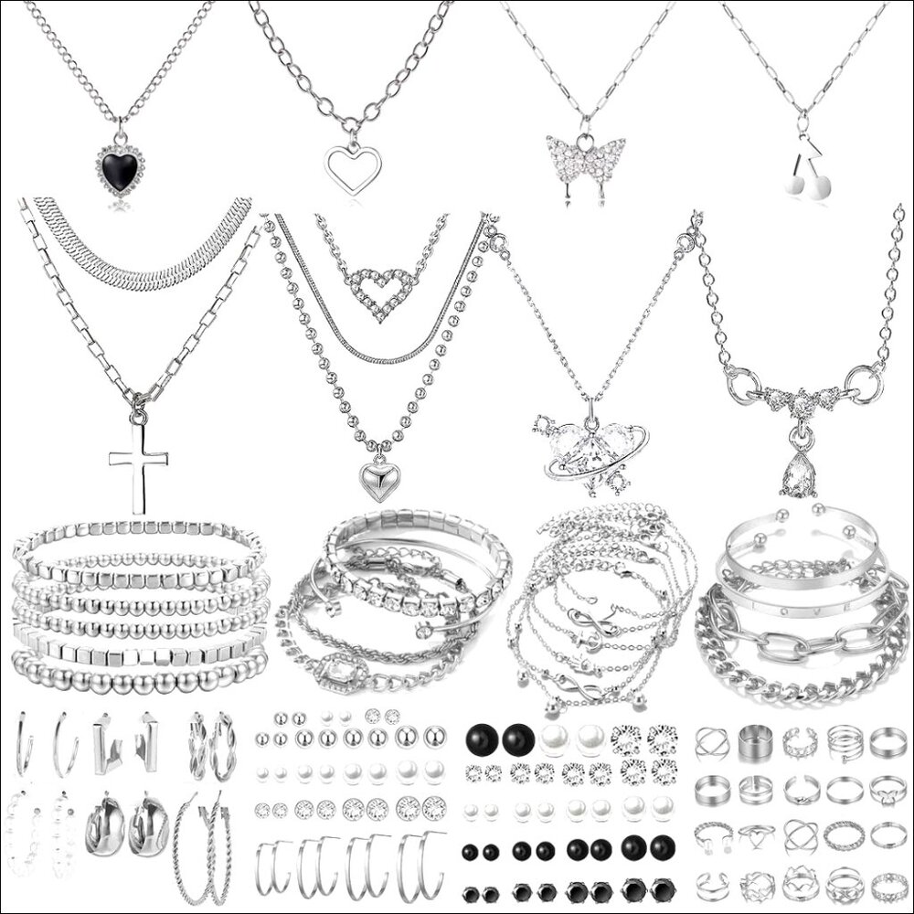 Silver Plated Jewelry Set with Adjustable Necklaces Bracelets Earrings Rings - Picture 1 of 7